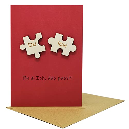 Du und Ich Das Passt! Besondere Grußkarte, Liebeskarte, Jahrestags, Geburtstags Karte, mit Holz Puzzle