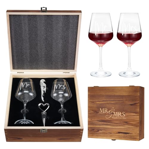 AW BRIDAL Hochzeitsgeschenke für Brautpaar Verlobungsgeschenk, Mr und Mrs Geschenke Weingläser mit Gravur, Weingläser Hochzeit für Brautpaar, Weinöffner, Weinverschluss und hölzerne Aufbewahrungsbox