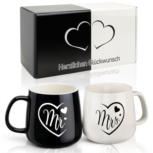 TUZELIYA Mr & Mrs Partnertassen Set – Hochzeitsgeschenk für Brautpaare, Geschenk für Frauen & Männer, Schwarz und Weiß Paar Tassen für Hochzeit, Jahrestag & Weihnachten