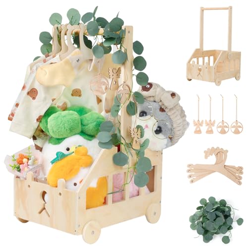 Wuciray Babyparty Geschenk mit Griff Wickelkorb mit Holzrädern Kinder Holz Holzkiste Babygeschenk Geschenkkorb Baby Korb Geschenk mit Dekorblättern Holzkleiderbügel und Engel-Tag Baby Shower Geschenk