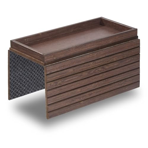 DETOR Sofatablett mit Aufbewahrungsbox (31,5×14 cm), braun gebeiztem Bambus und rutschfester Filzbasis, passend für Armlehnen ab 15,5cm Breite