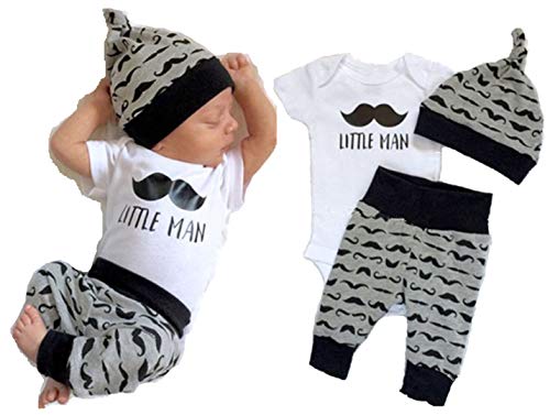 Juflam Neugeborene Baby Boy Kleidung Kleiner Mann Top Strampler Hosen Legging+ Hut 3Pcs Outfit Set (0–6 Monate)