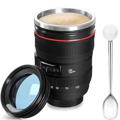 Cefrank Objektiv Tasse Kaffeetasse mit Löffel Kamera Objektiv Becher Edelstahleinsatz Thermobecher Kamera- 350ml