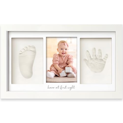 Keababies Baby Handabdruck Und Fußabdruck Set - Ton Handabdruck Andenken Rahmen, Neugeborenen Kinderzimmer Bilderrahmen fur Mädchen und Junge, Personalisierte Geschenke Baby fur Neue Mom(Alpine White)
