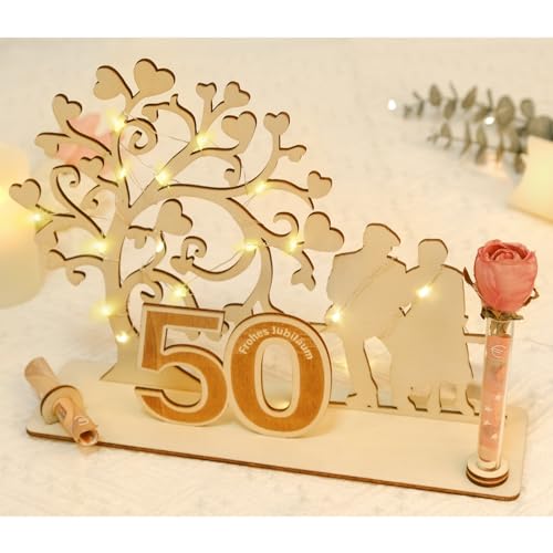 ARTREE Holz Geldgeschenk 50 Jahre Ehe – Goldene Hochzeit Holz Deko mit Herzbaum & LED – Geschenkidee zum 50. Hochzeitstag