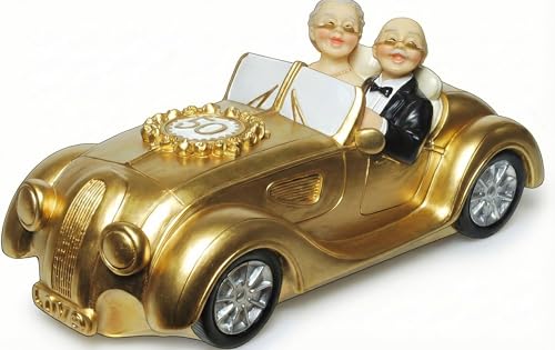 Topshop24you Spardose Goldene Hochzeit 50 Jahre – Goldener Oldtimer mit Paar – Stilvolles Geldgeschenk & Jubiläums-Deko – Handbemaltes Cabrio Modellauto, 21 cm