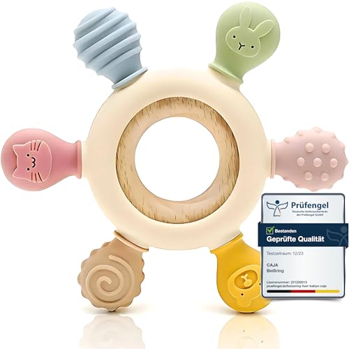 CAJA Beißring Baby BPA freie Zahnungshilfe und Beißspielzeug aus Silikon und Holz Greifring mit Tiermotiv Geschenkidee zur Geburt Sicheres Babyspielzeug für Jungen und Mädchen