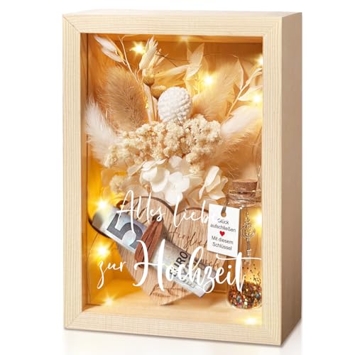 Hochzeitsgeschenke für Brautpaare, Geldgeschenke Hochzeit, Liebes Romantisches Geschenk Für Sie，inklusive Ewige Blumen, Holzbox, Kunststoff Reagenzglas, Lichterketten, Schlüssel Geschenkbox