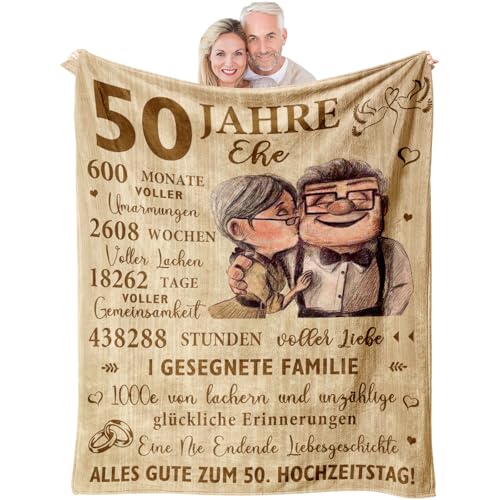 YESTUTI Goldene Hochzeit Geschenke, Geschenke zur Goldenen Hochzeit, Lustige Mitbringsel für Goldene Hochzeit Eltern, Goldenehochzeit Deko, Geschenkideen zum 50 Hochzeitstag Decke 150x130CM