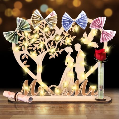 Geldgeschenk Hochzeit Holz mit Lichterketten,Hochzeitsgeschenke für Brautpaar Geld,Herzförmiges Geschenk zum Hochzeit Hochzeitstag aus Holz (Originale Holzfarbe)