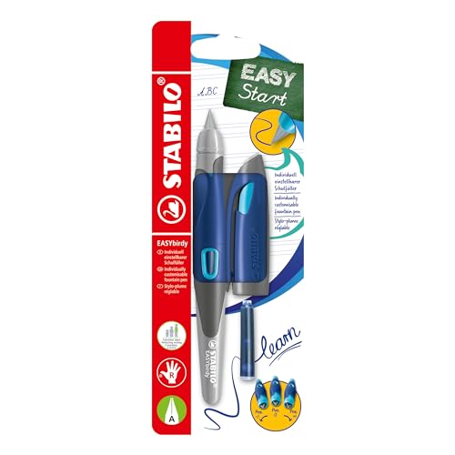 STABILO - Ergonomischer Schulfüller für Rechtshänder mit Anfänger-Feder A - EASYbirdy in mitternachtsblau/azur - inkl. Patrone und Einstellwerkzeug - blau (löschbar)