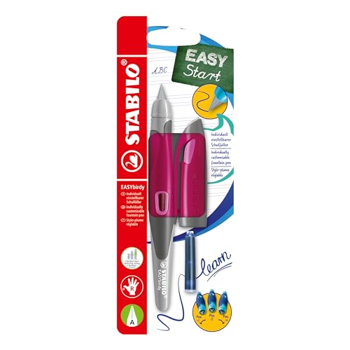 STABILO - Ergonomischer Schulfüller für Rechtshänder mit Anfänger-Feder A - EASYbirdy in beere/pink - inkl. Patrone und Einstellwerkzeug - blau (löschbar)